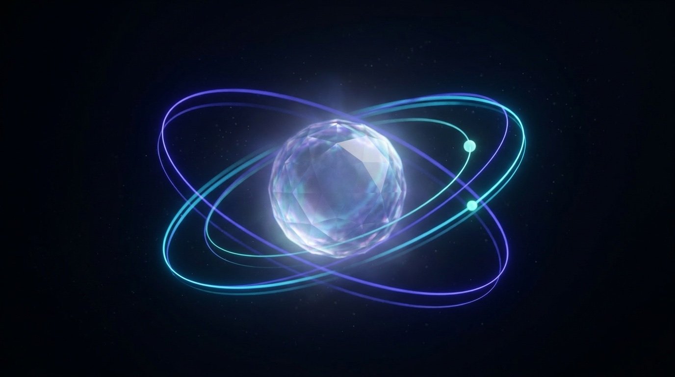 El núcleo de NxtCi — una esfera cristalina envuelta en anillos orbitales de luz